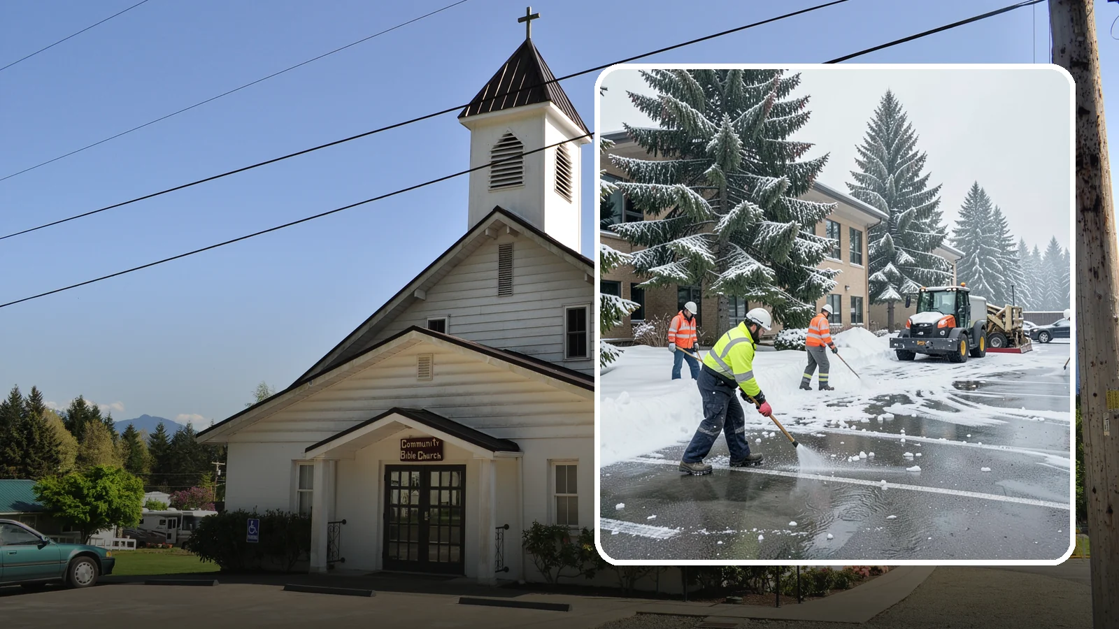Office Building Parking Lot Snow Removal in Concrete, Skagit County, WA - We clear office building lots before employees and clients arrive for the Western Washington workday.
