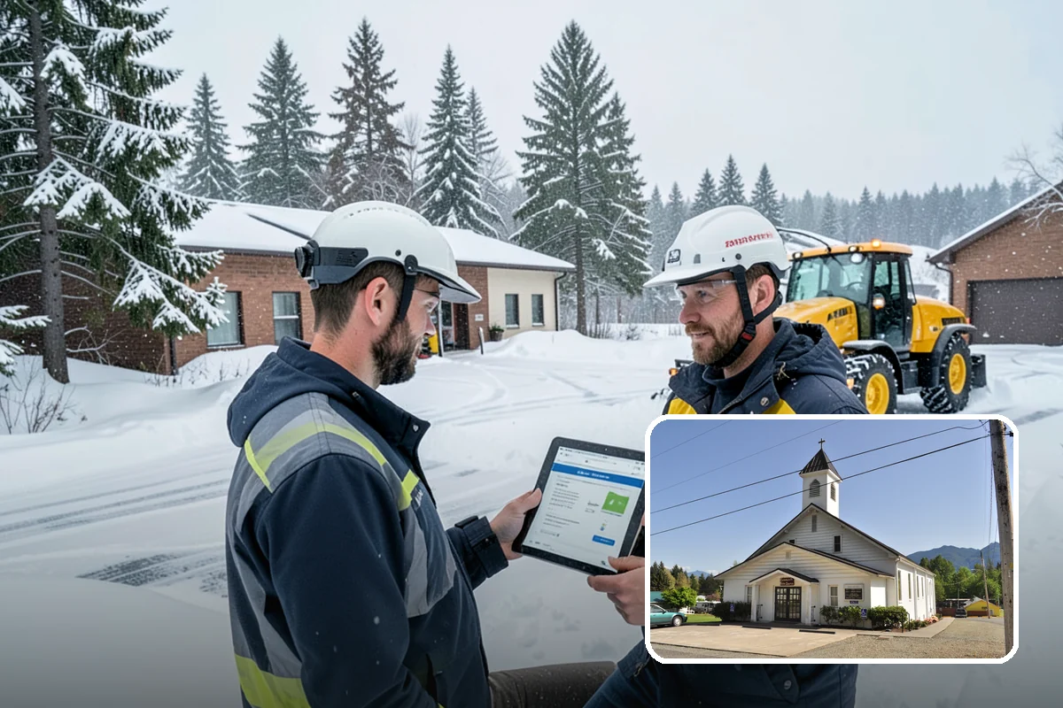 Office Building Parking Lot Snow Removal in Concrete, Skagit County, WA - Employees and clients arrive to a cleared, deiced lot at the start of business