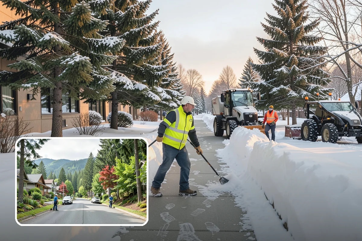 Office Building Parking Lot Snow Removal in Darrington, Snohomish County, WA - Employees and clients arrive to a cleared, deiced lot at the start of business