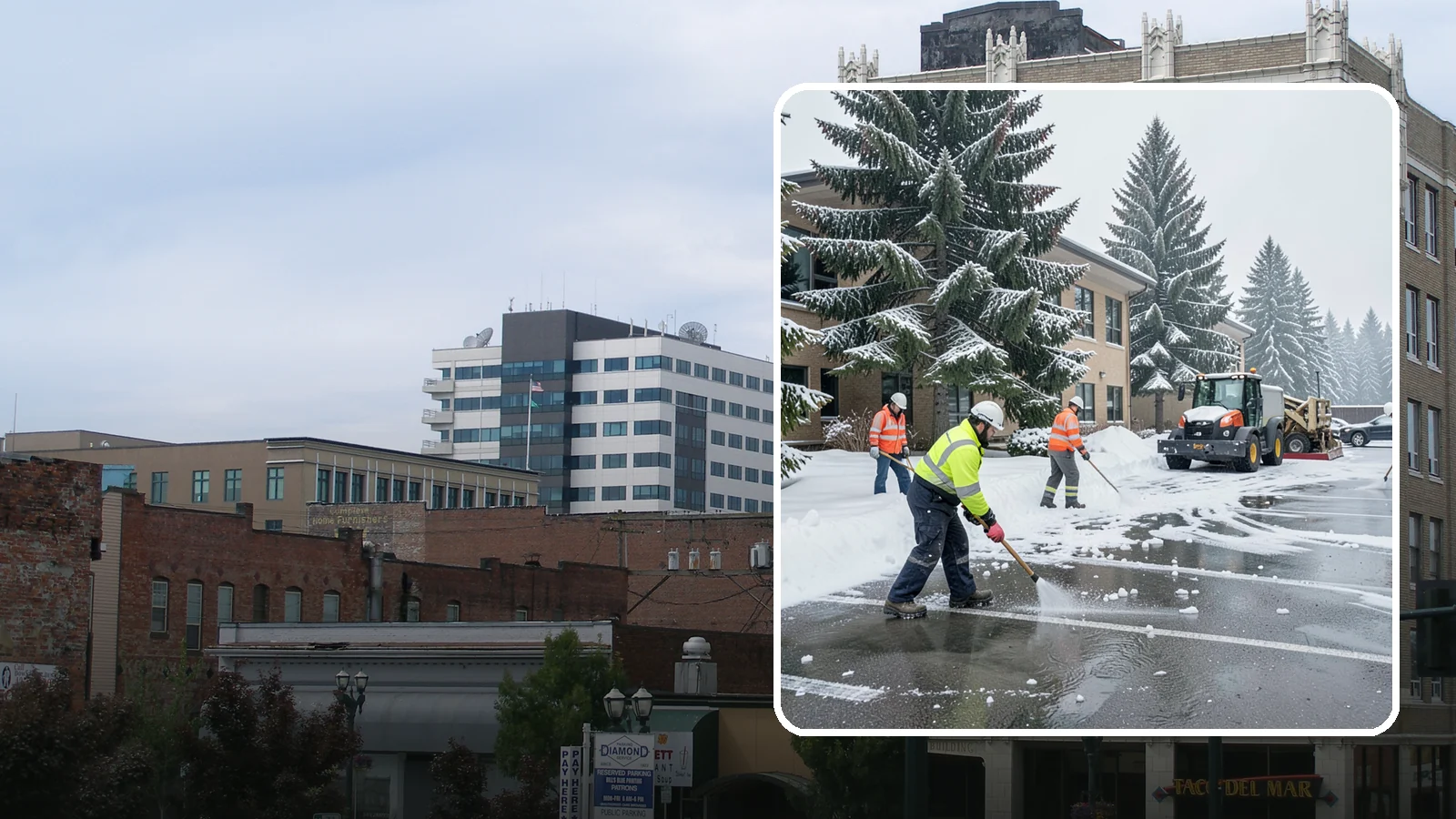 Office Building Parking Lot Snow Removal in Everett, Snohomish County, WA - We clear office building lots before employees and clients arrive for the Western Washington workday.
