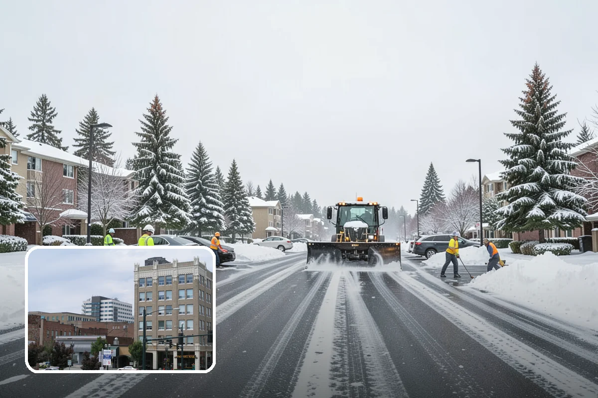Office Building Parking Lot Snow Removal in Everett, Snohomish County, WA - Employees and clients arrive to a cleared, deiced lot at the start of business
