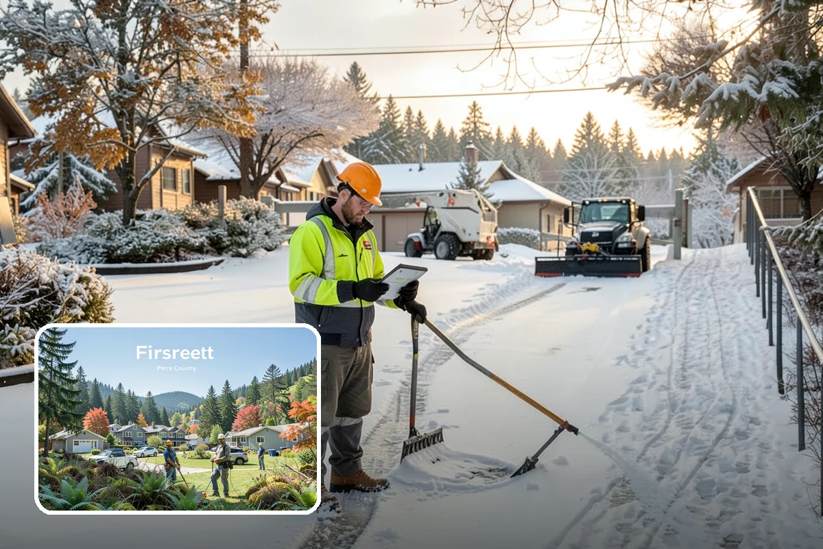 Office Building Parking Lot Snow Removal in Fircrest, Pierce County, WA - Employees and clients arrive to a cleared, deiced lot at the start of business