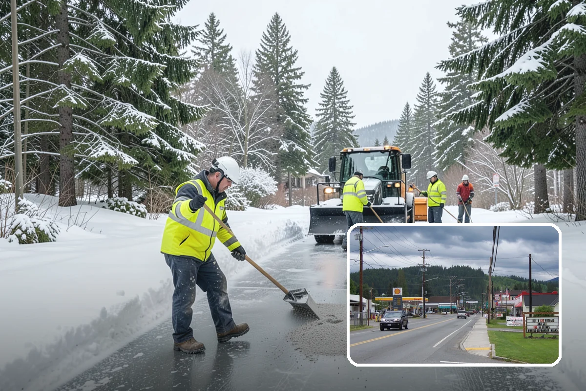 Office Building Parking Lot Snow Removal in Granite Falls, Snohomish County, WA - Employees and clients arrive to a cleared, deiced lot at the start of business