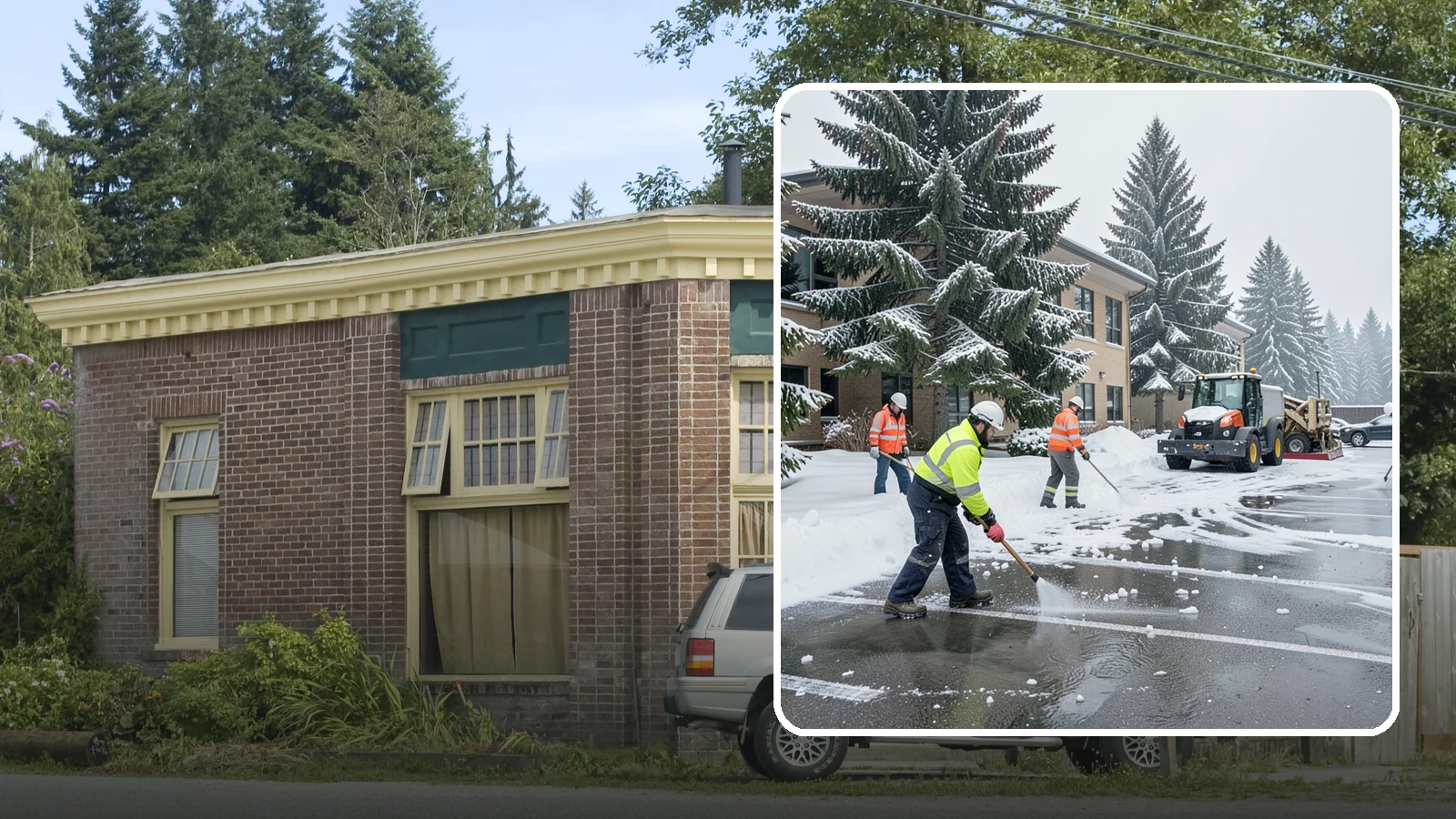 Office Building Parking Lot Snow Removal in Hamilton, Skagit County, WA - We clear office building lots before employees and clients arrive for the Western Washington workday.