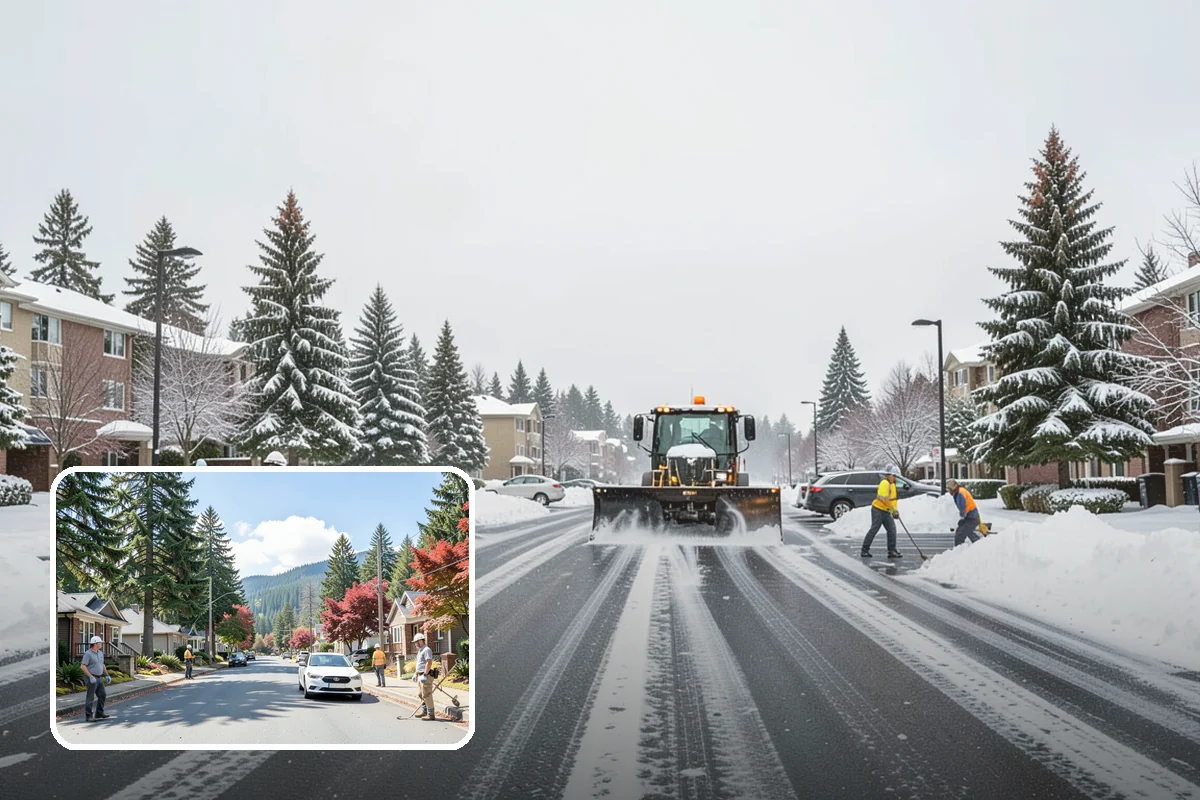 Office Building Parking Lot Snow Removal in Hunts Point, King County, WA - Employees and clients arrive to a cleared, deiced lot at the start of business