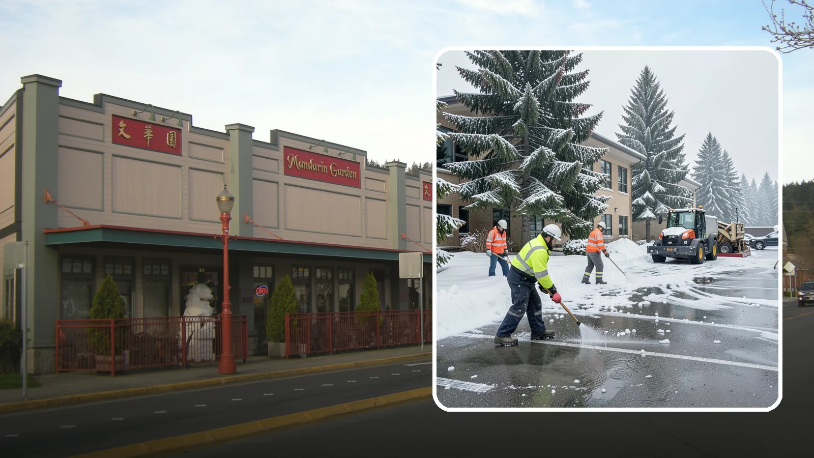 Office Building Parking Lot Snow Removal in Issaquah, King County, WA - We clear office building lots before employees and clients arrive for the Western Washington workday.