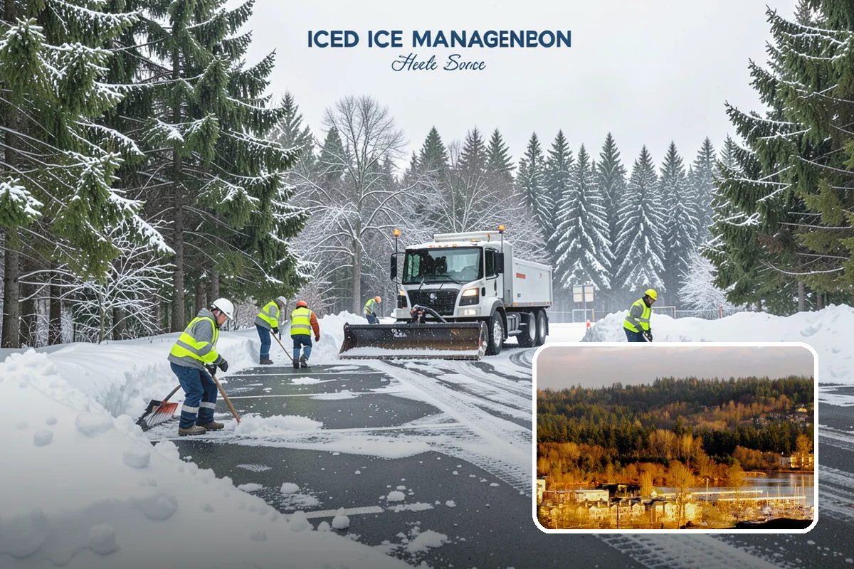Office Building Parking Lot Snow Removal in Kenmore, King County, WA - Employees and clients arrive to a cleared, deiced lot at the start of business