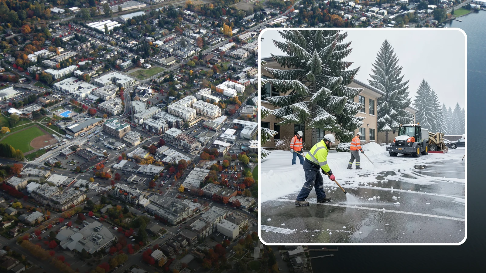 Office Building Parking Lot Snow Removal in Kirkland, King County, WA - We clear office building lots before employees and clients arrive for the Western Washington workday.