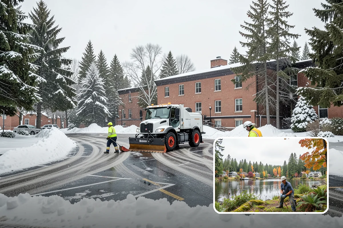 Office Building Parking Lot Snow Removal in La Conner, Skagit County, WA - Employees and clients arrive to a cleared, deiced lot at the start of business