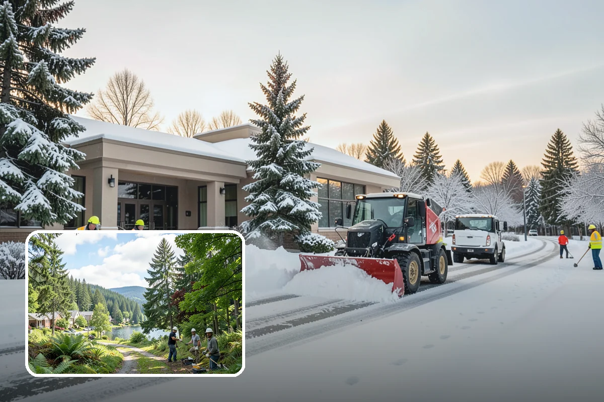 Office Building Parking Lot Snow Removal in Lake Forest Park, King County, WA - Employees and clients arrive to a cleared, deiced lot at the start of business