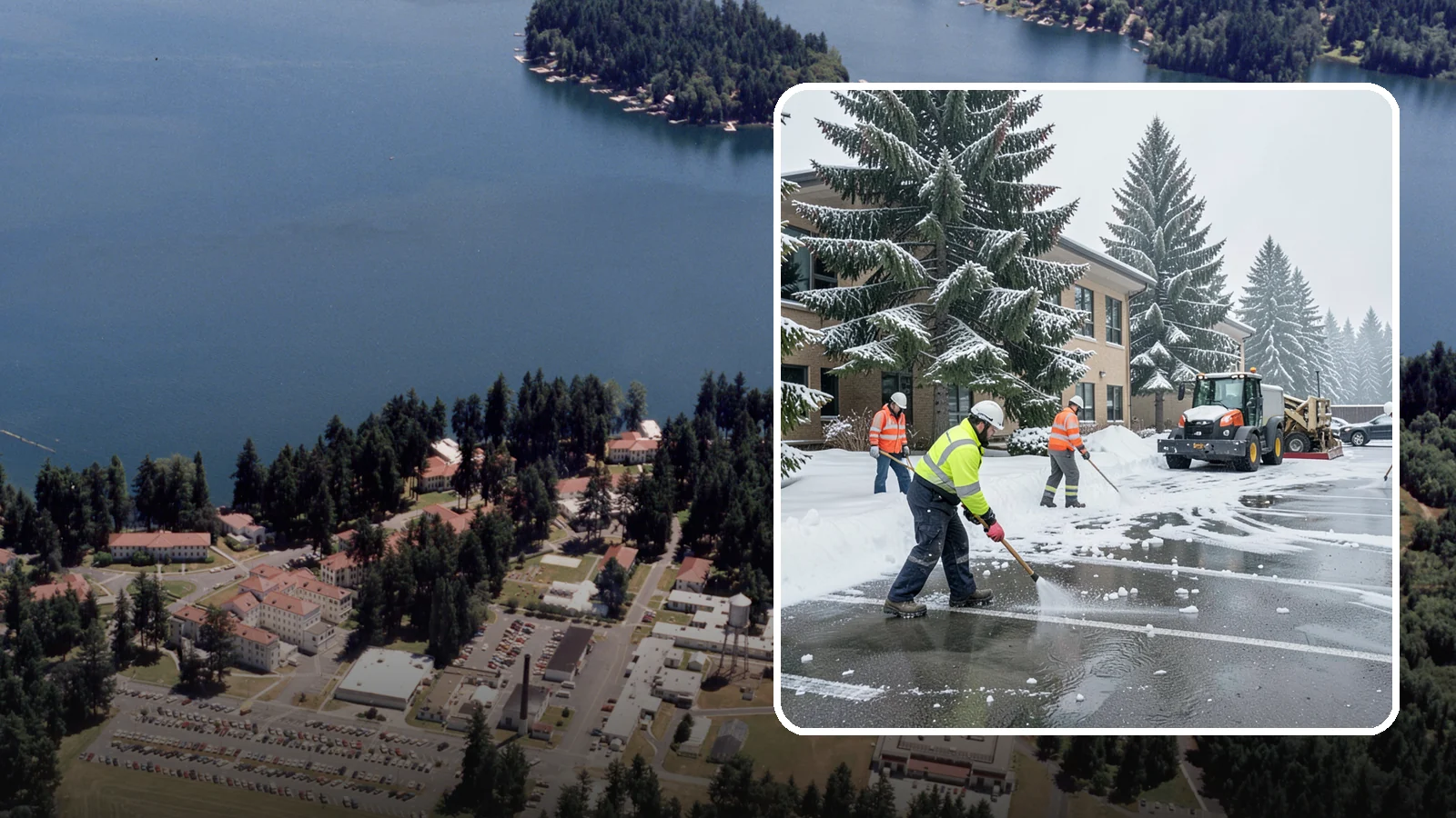 Office Building Parking Lot Snow Removal in Lakewood, Pierce County, WA - We clear office building lots before employees and clients arrive for the Western Washington workday.