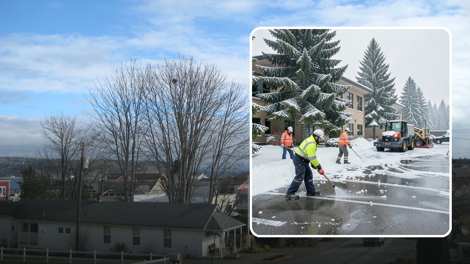 Office Building Parking Lot Snow Removal in Langley, Island County, WA - We clear office building lots before employees and clients arrive for the Western Washington workday.