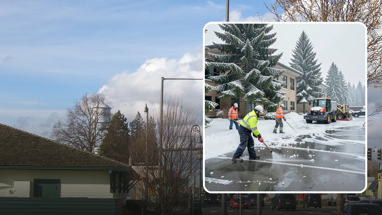 Office Building Parking Lot Snow Removal in Marysville, Snohomish County, WA - We clear office building lots before employees and clients arrive for the Western Washington workday.