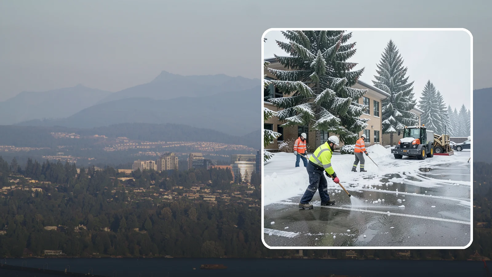 Office Building Parking Lot Snow Removal in Medina, King County, WA - We clear office building lots before employees and clients arrive for the Western Washington workday.