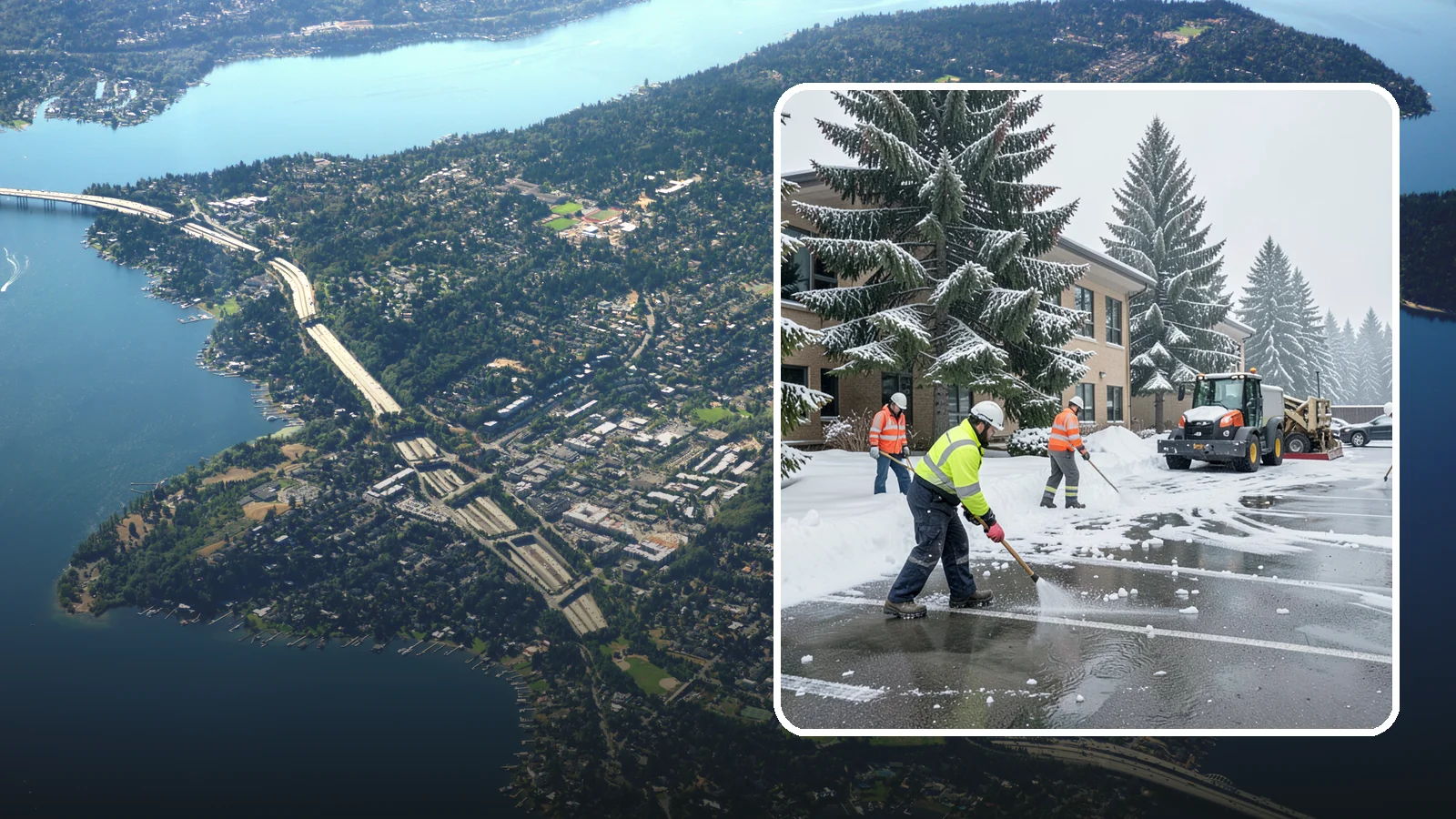 Office Building Parking Lot Snow Removal in Mercer Island, King County, WA - We clear office building lots before employees and clients arrive for the Western Washington workday.