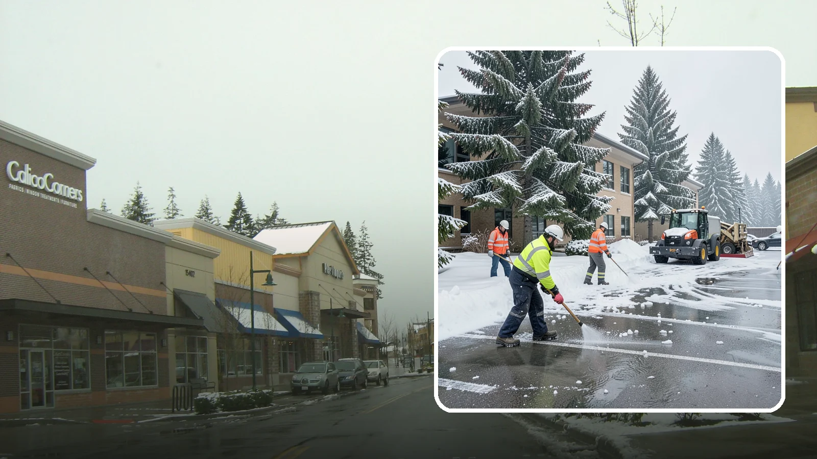 Office Building Parking Lot Snow Removal in Mill Creek, Snohomish County, WA - We clear office building lots before employees and clients arrive for the Western Washington workday.