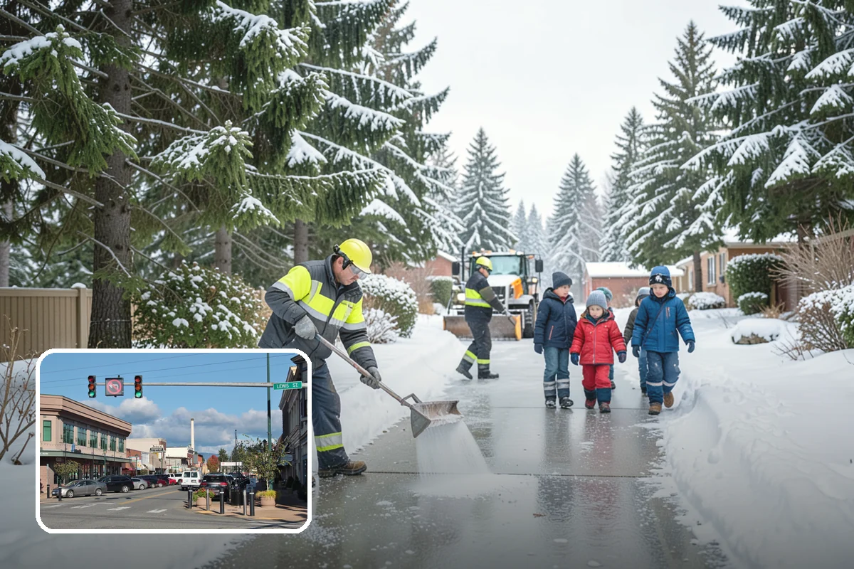Office Building Parking Lot Snow Removal in Monroe, Snohomish County, WA - Employees and clients arrive to a cleared, deiced lot at the start of business