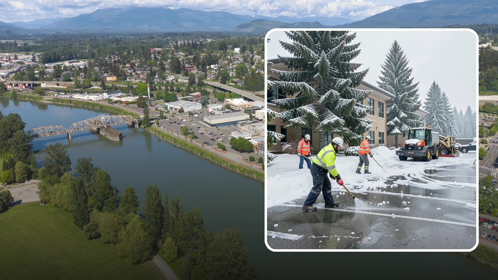 Office Building Parking Lot Snow Removal in Mount Vernon, Skagit County, WA - We clear office building lots before employees and clients arrive for the Western Washington workday.