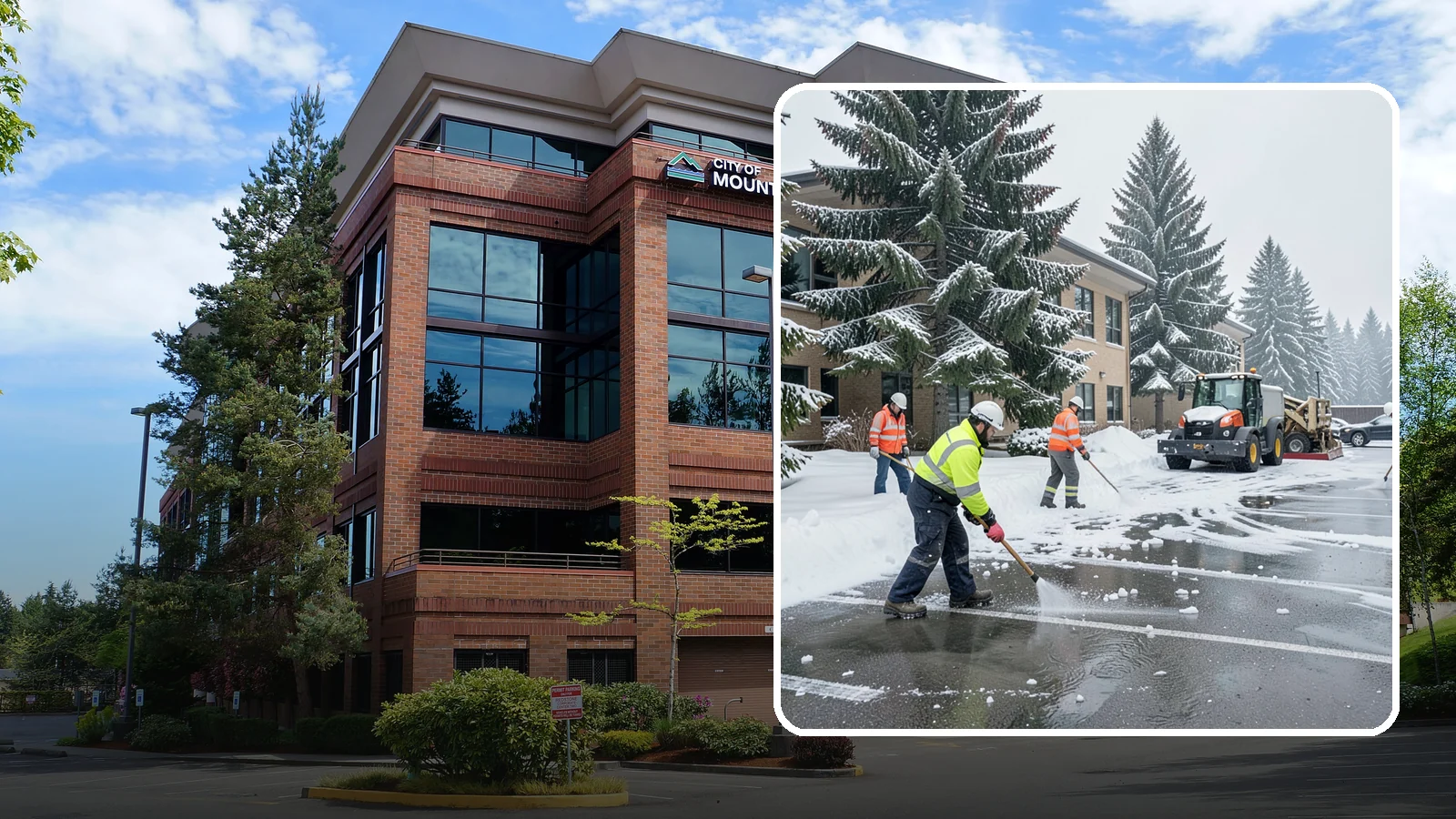 Office Building Parking Lot Snow Removal in Mountlake Terrace, Snohomish County, WA - We clear office building lots before employees and clients arrive for the Western Washington workday.