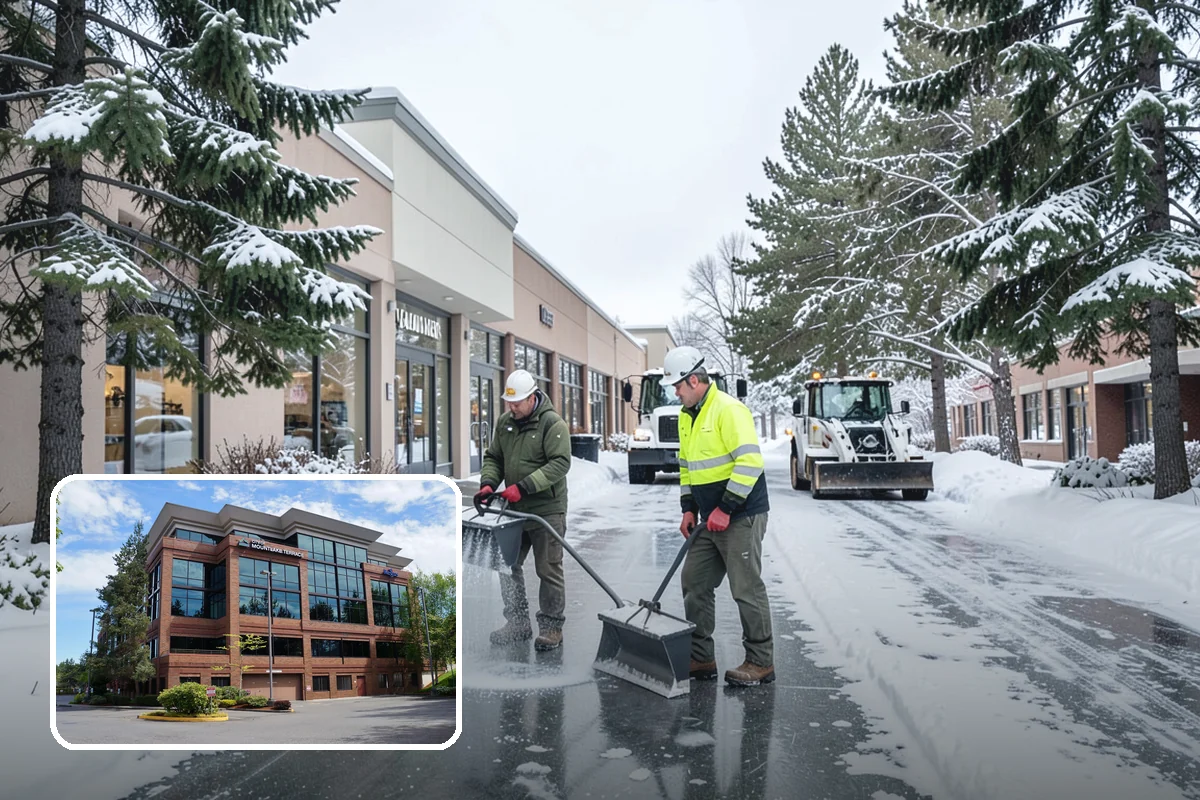 Office Building Parking Lot Snow Removal in Mountlake Terrace, Snohomish County, WA - Employees and clients arrive to a cleared, deiced lot at the start of business