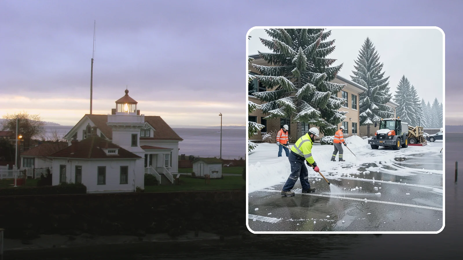 Office Building Parking Lot Snow Removal in Mukilteo, Snohomish County, WA - We clear office building lots before employees and clients arrive for the Western Washington workday.