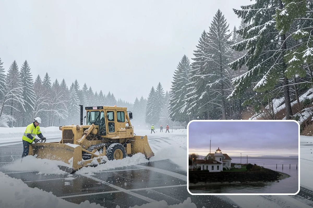 Office Building Parking Lot Snow Removal in Mukilteo, Snohomish County, WA - Employees and clients arrive to a cleared, deiced lot at the start of business