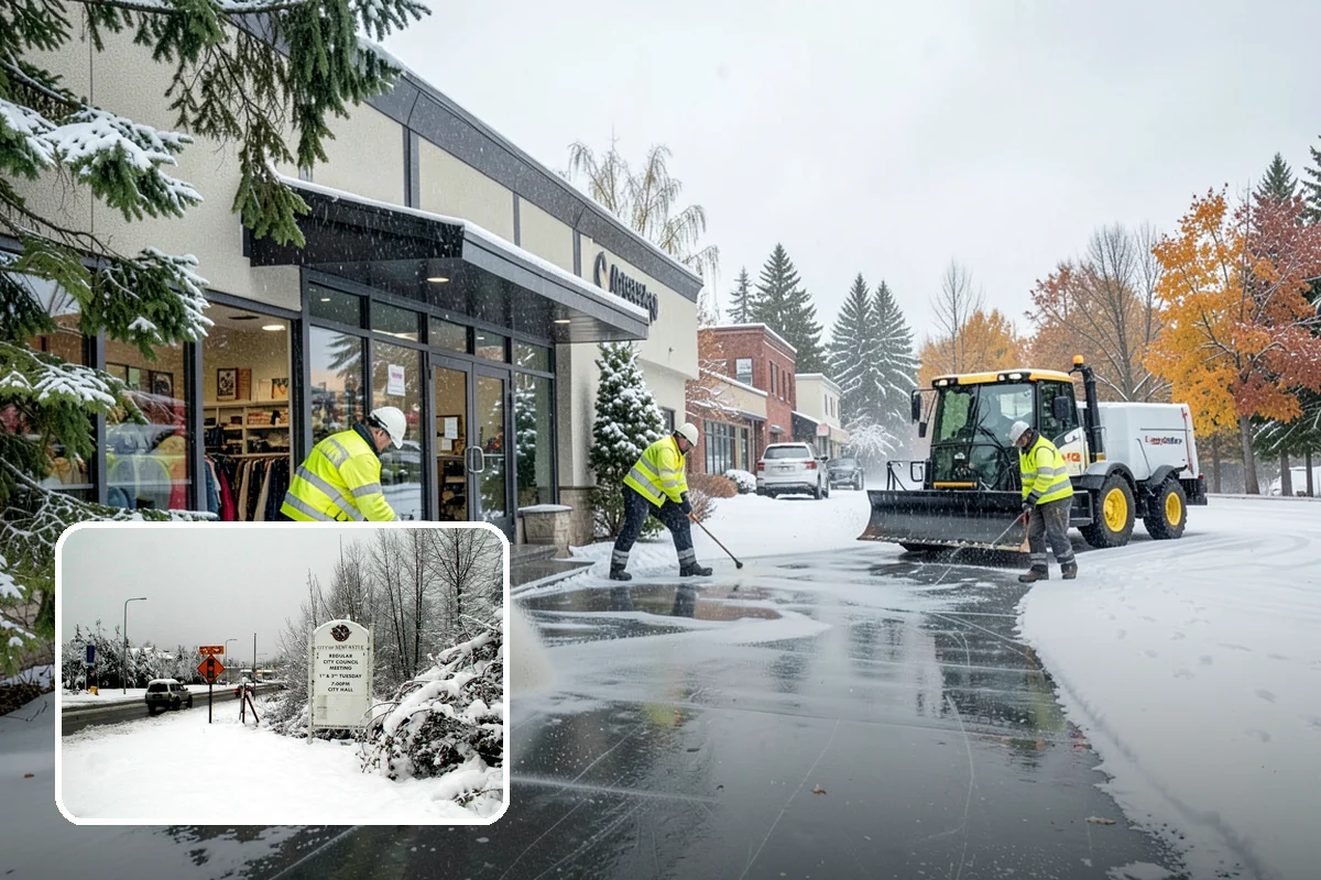Office Building Parking Lot Snow Removal in Newcastle, King County, WA - Employees and clients arrive to a cleared, deiced lot at the start of business