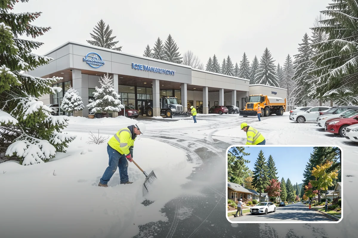 Office Building Parking Lot Snow Removal in Orting, Pierce County, WA - Employees and clients arrive to a cleared, deiced lot at the start of business