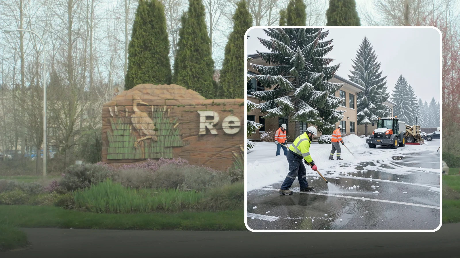 Office Building Parking Lot Snow Removal in Renton, King County, WA - We clear office building lots before employees and clients arrive for the Western Washington workday.