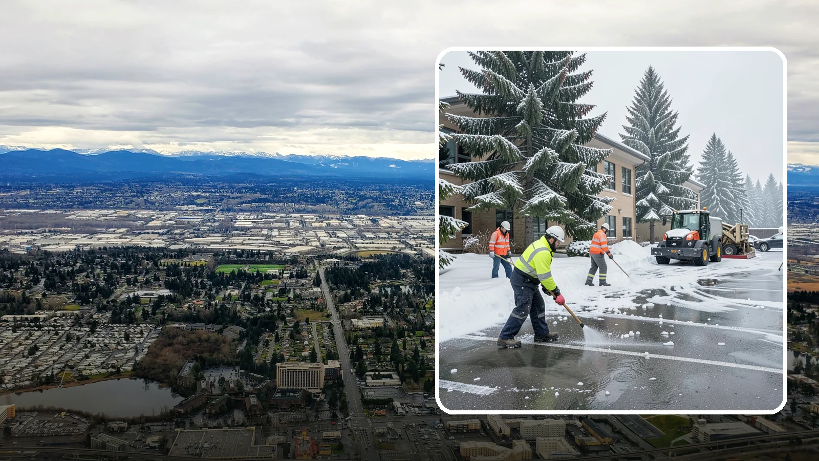 Office Building Parking Lot Snow Removal in SeaTac, King County, WA - We clear office building lots before employees and clients arrive for the Western Washington workday.
