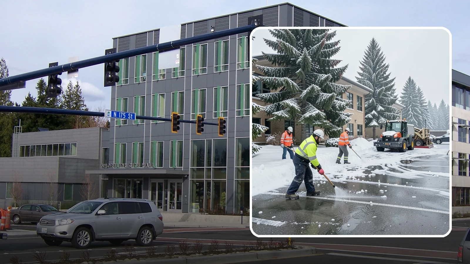 Office Building Parking Lot Snow Removal in Shoreline, King County, WA - We clear office building lots before employees and clients arrive for the Western Washington workday.