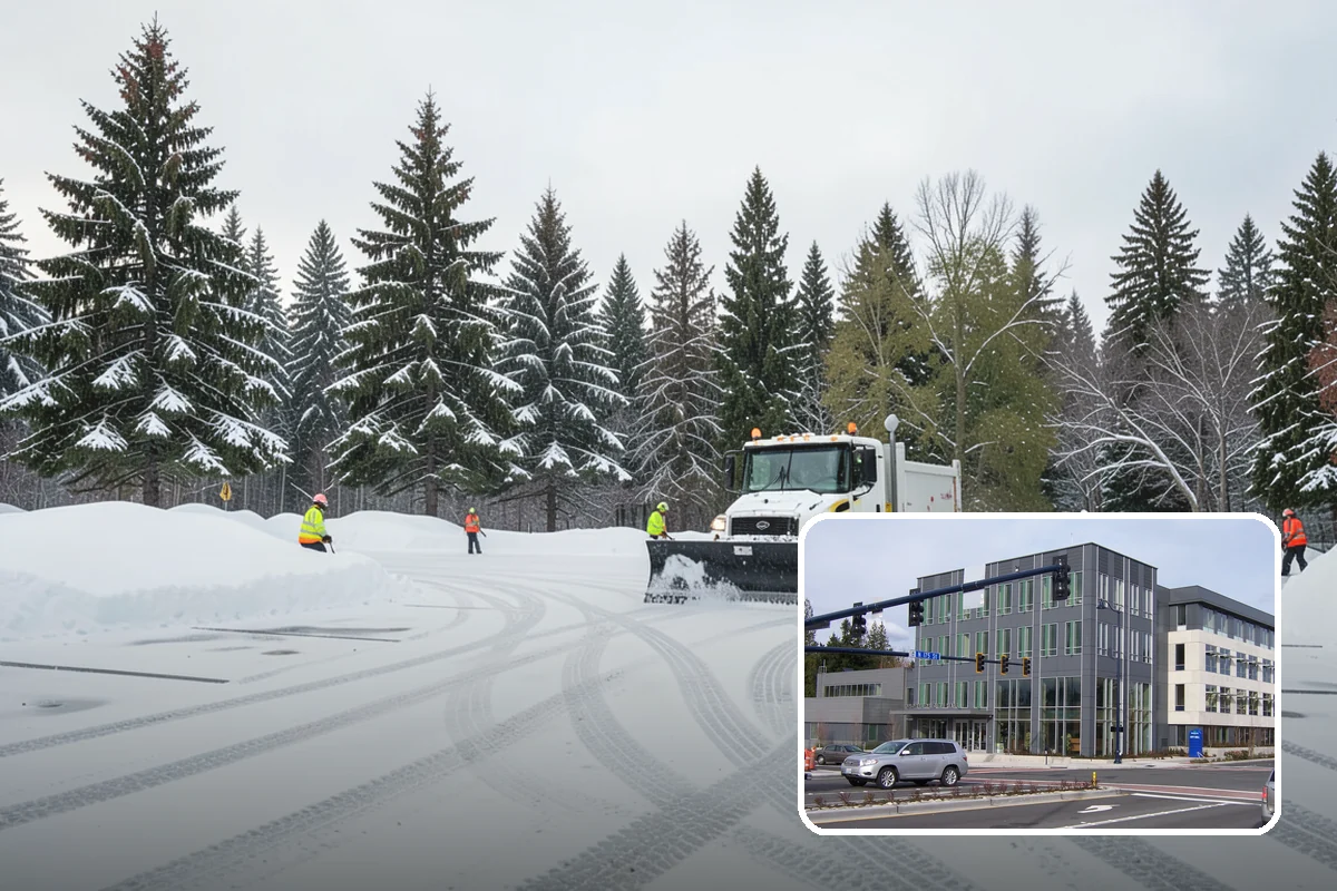 Office Building Parking Lot Snow Removal in Shoreline, King County, WA - Employees and clients arrive to a cleared, deiced lot at the start of business
