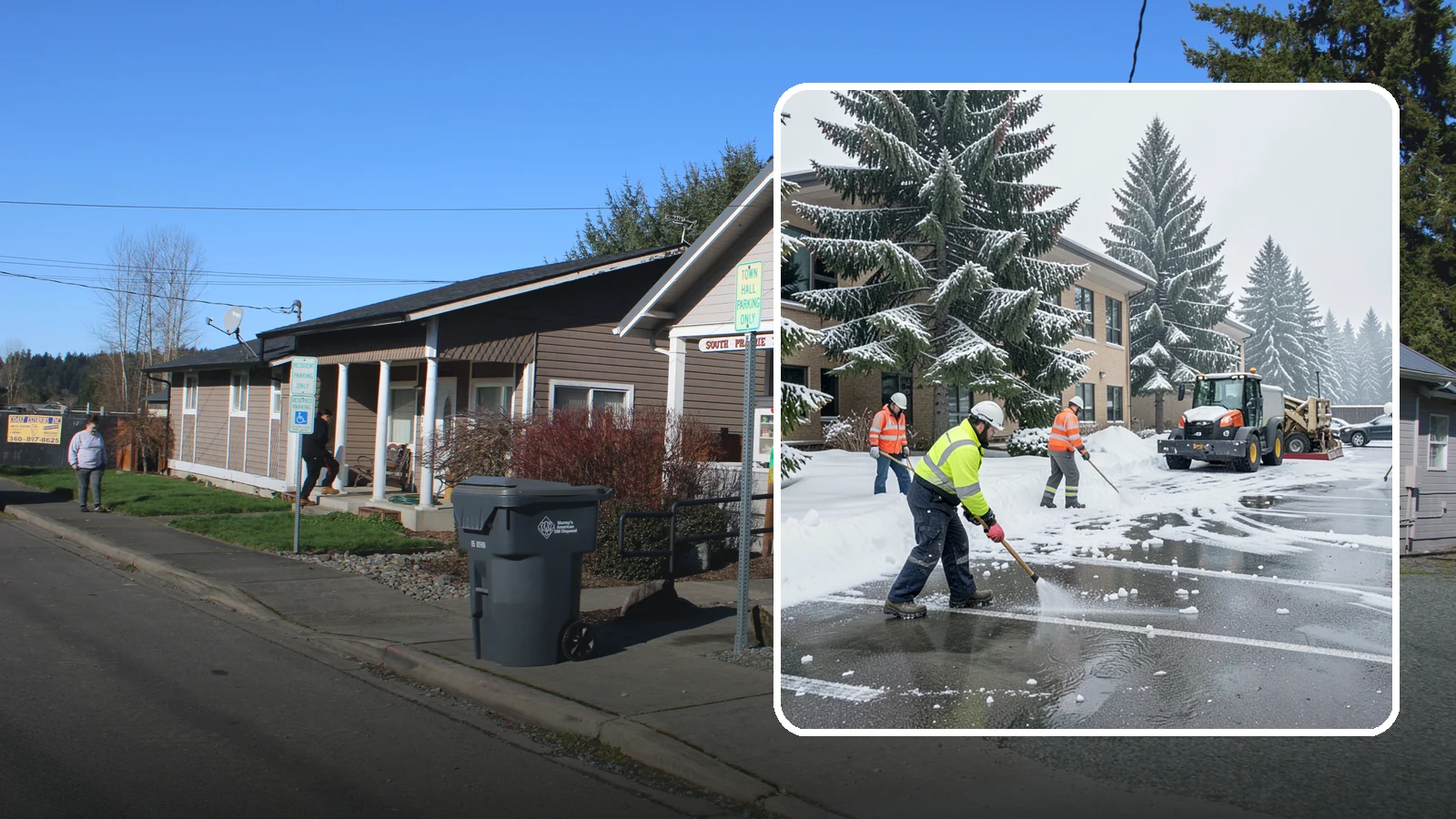 Office Building Parking Lot Snow Removal in South Prairie, Pierce County, WA - We clear office building lots before employees and clients arrive for the Western Washington workday.