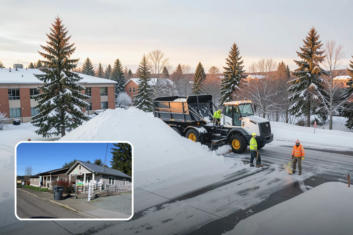 Office Building Parking Lot Snow Removal in South Prairie, Pierce County, WA - Employees and clients arrive to a cleared, deiced lot at the start of business