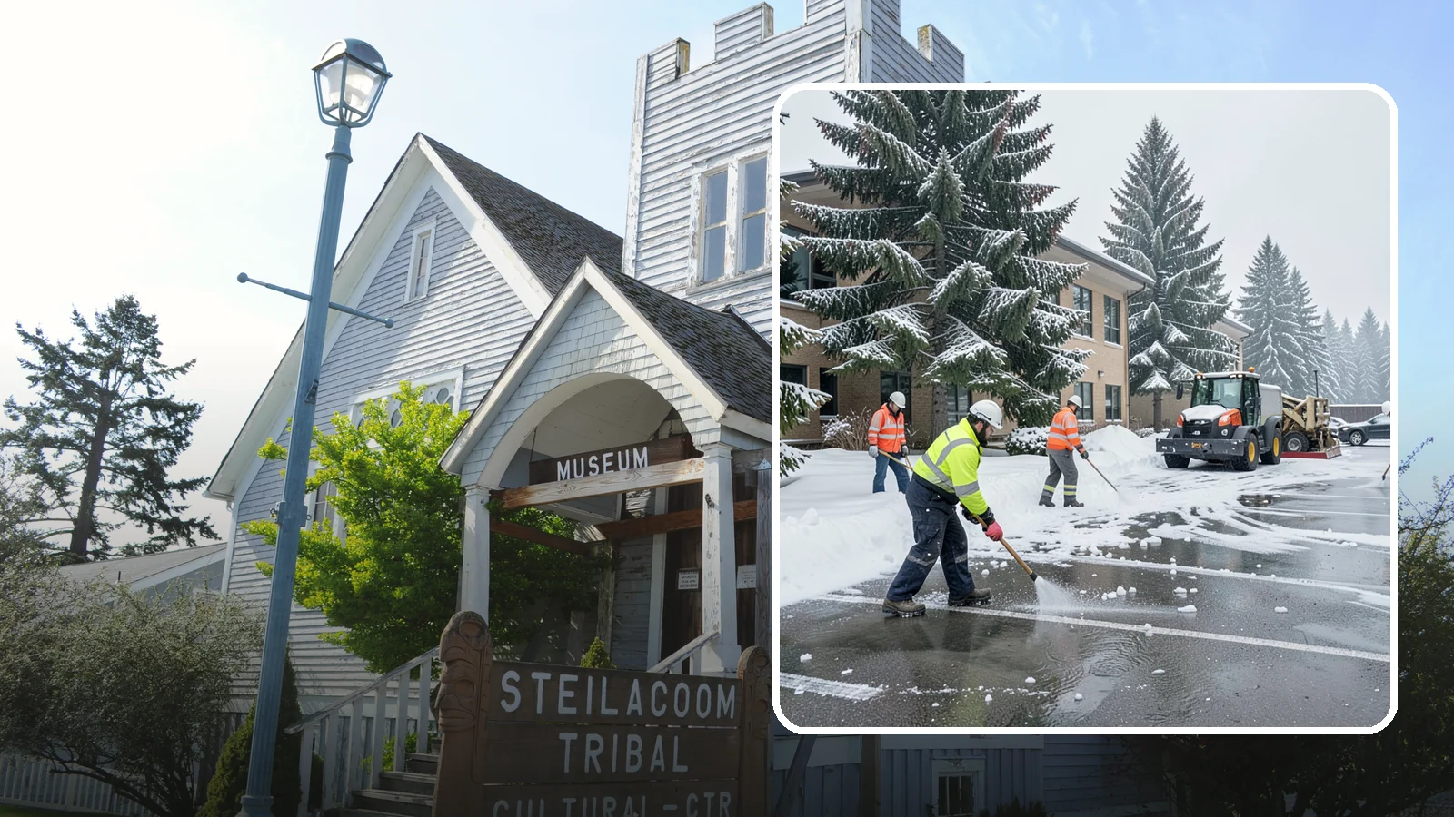 Office Building Parking Lot Snow Removal in Steilacoom, Pierce County, WA - We clear office building lots before employees and clients arrive for the Western Washington workday.