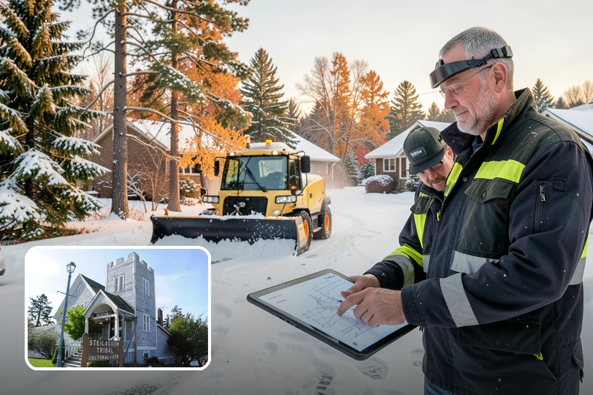Office Building Parking Lot Snow Removal in Steilacoom, Pierce County, WA - Employees and clients arrive to a cleared, deiced lot at the start of business