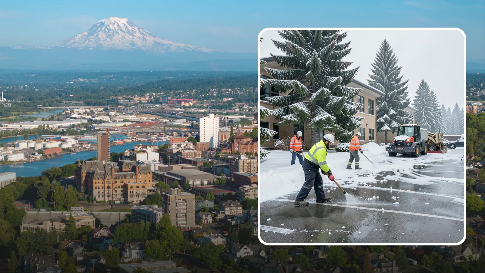 Office Building Parking Lot Snow Removal in Tacoma, Pierce County, WA - We clear office building lots before employees and clients arrive for the Western Washington workday.