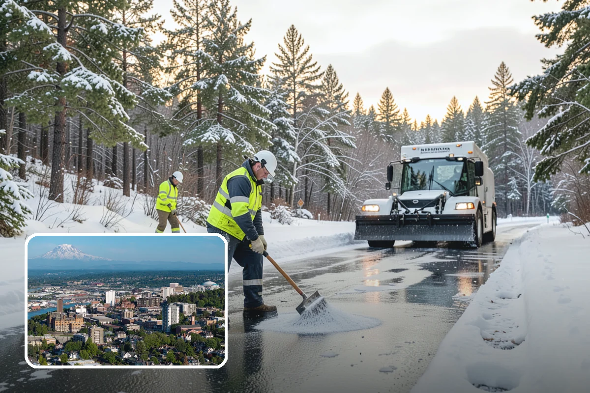 Office Building Parking Lot Snow Removal in Tacoma, Pierce County, WA - Employees and clients arrive to a cleared, deiced lot at the start of business