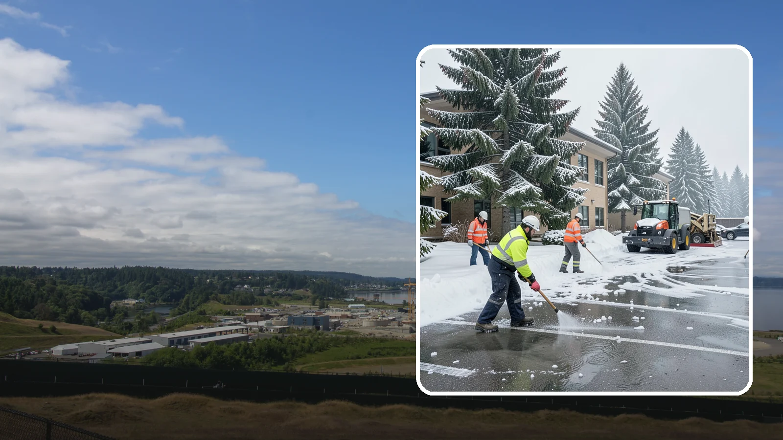 Office Building Parking Lot Snow Removal in University Place, Pierce County, WA - We clear office building lots before employees and clients arrive for the Western Washington workday.