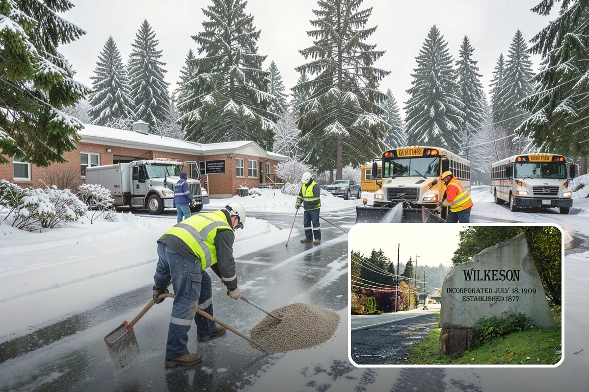 Office Building Parking Lot Snow Removal in Wilkeson, Pierce County, WA - Employees and clients arrive to a cleared, deiced lot at the start of business