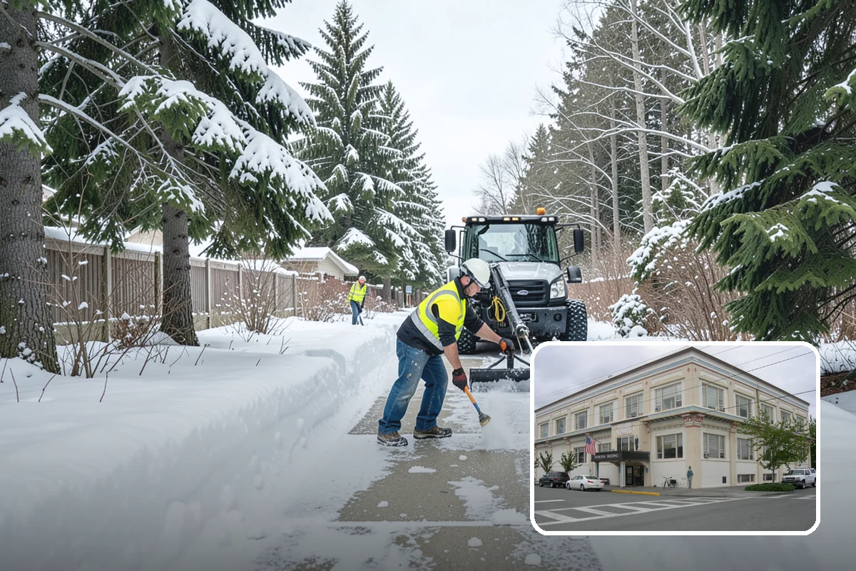 Office Building Sidewalk Clearing in Anacortes, Skagit County, WA - Clear, dry entrances greet employees and clients each morning