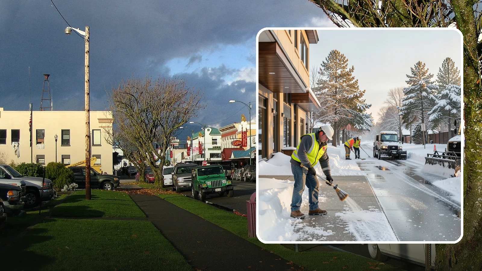 Office Building Sidewalk Clearing in Arlington, Snohomish County, WA - Pre-opening sidewalk clearing for Western Washington office buildings so employees and visitors reach the entrance safely before...