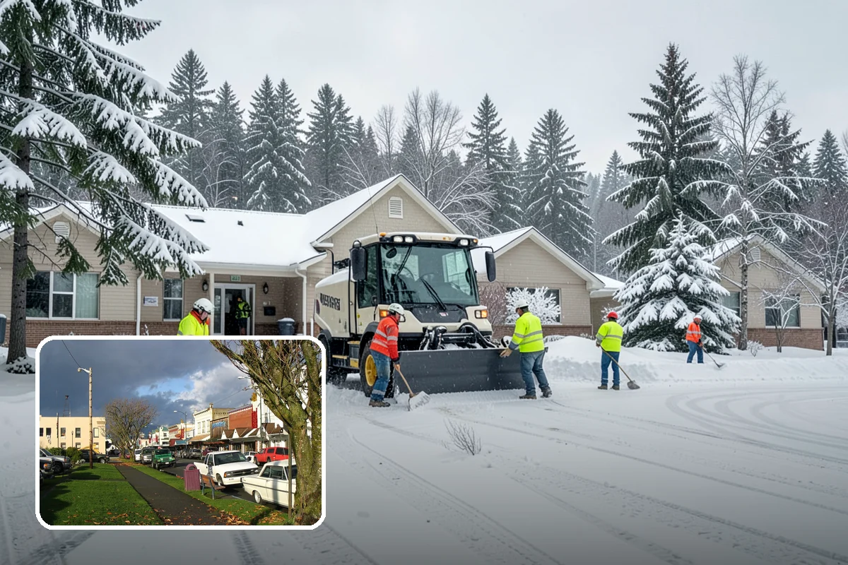 Office Building Sidewalk Clearing in Arlington, Snohomish County, WA - Clear, dry entrances greet employees and clients each morning