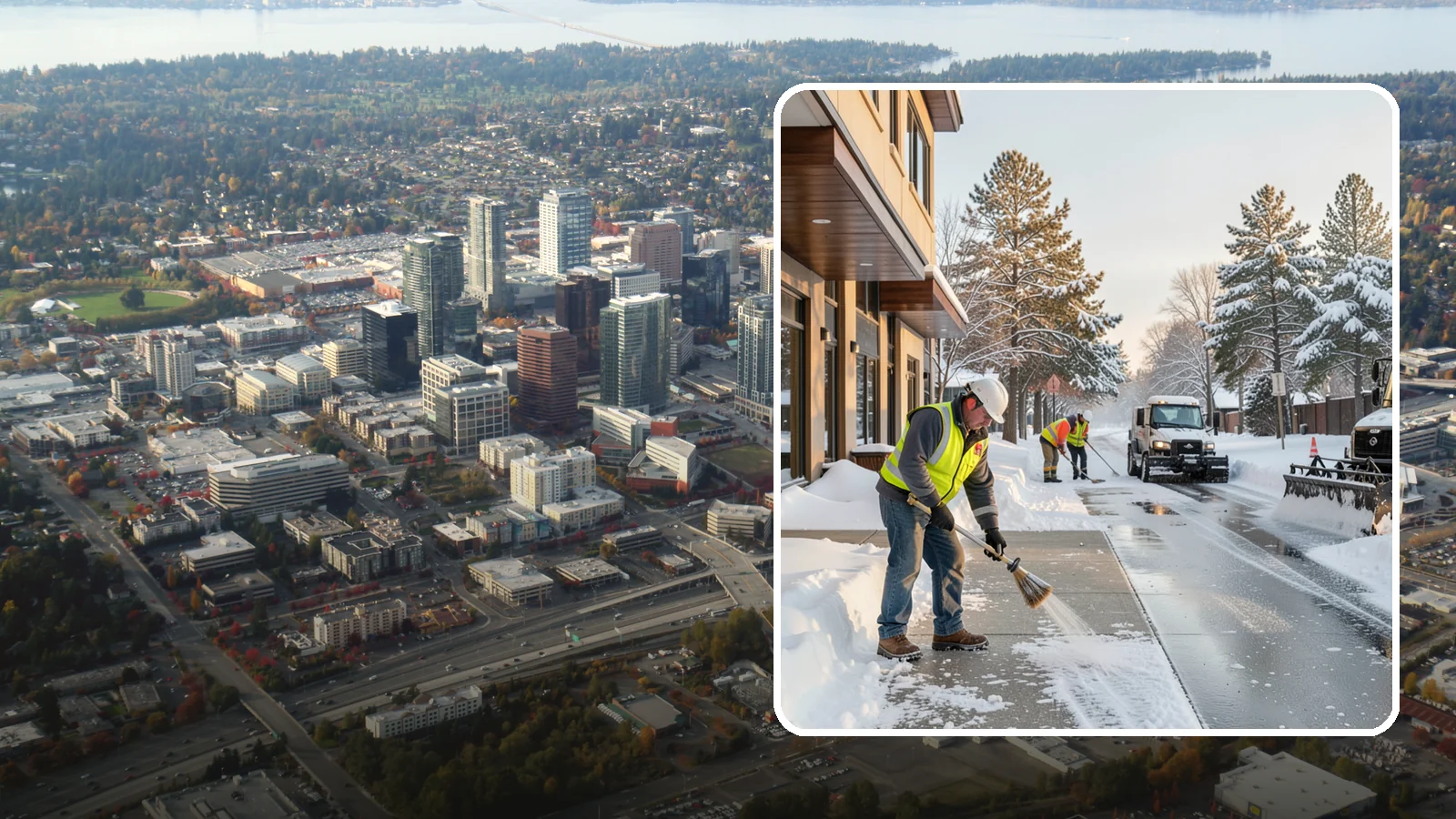 Office Building Sidewalk Clearing in Bellevue, King County, WA - Pre-opening sidewalk clearing for Western Washington office buildings so employees and visitors reach the entrance safely before...