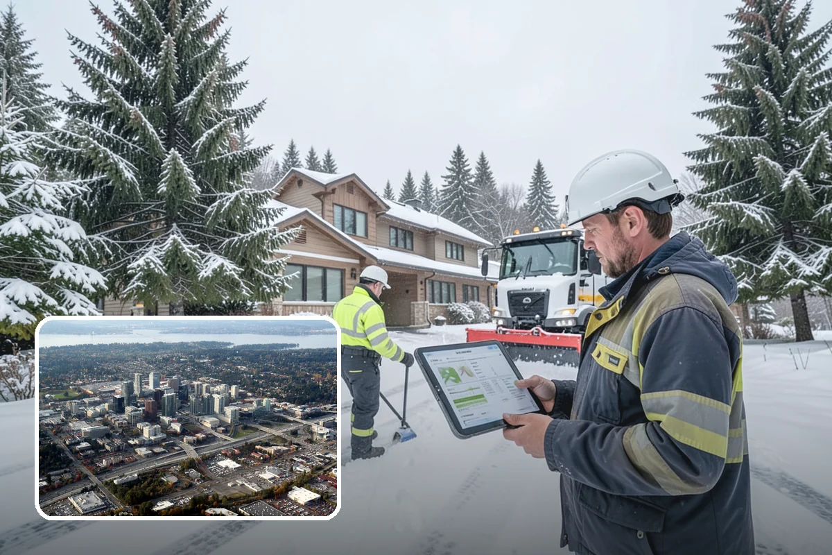 Office Building Sidewalk Clearing in Bellevue, King County, WA - Clear, dry entrances greet employees and clients each morning