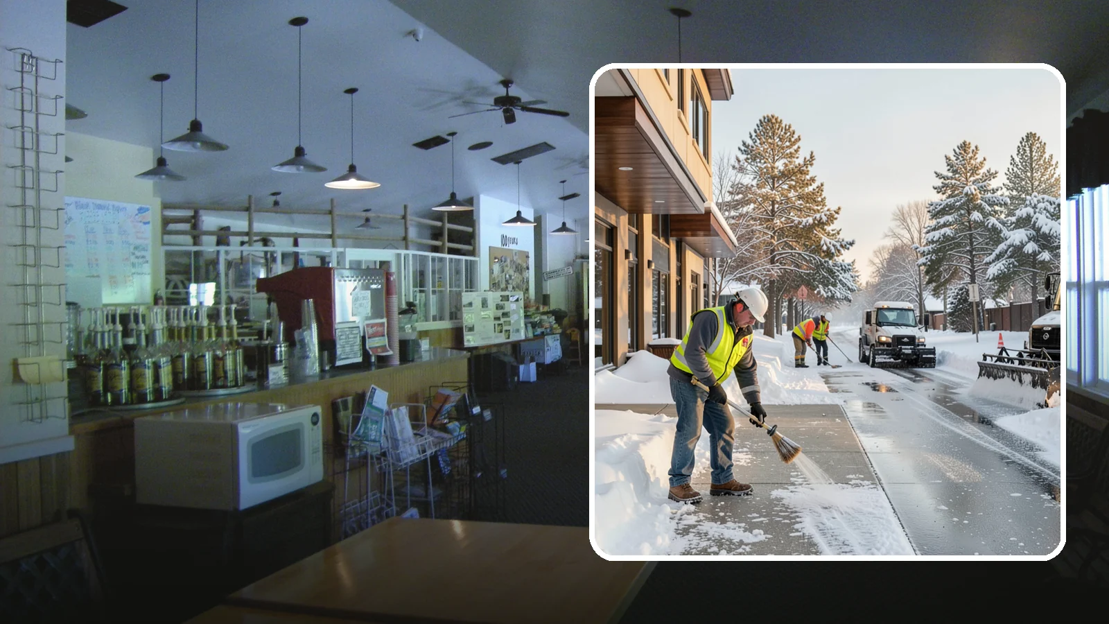 Office Building Sidewalk Clearing in Black Diamond, King County, WA - Pre-opening sidewalk clearing for Western Washington office buildings so employees and visitors reach the entrance safely before...