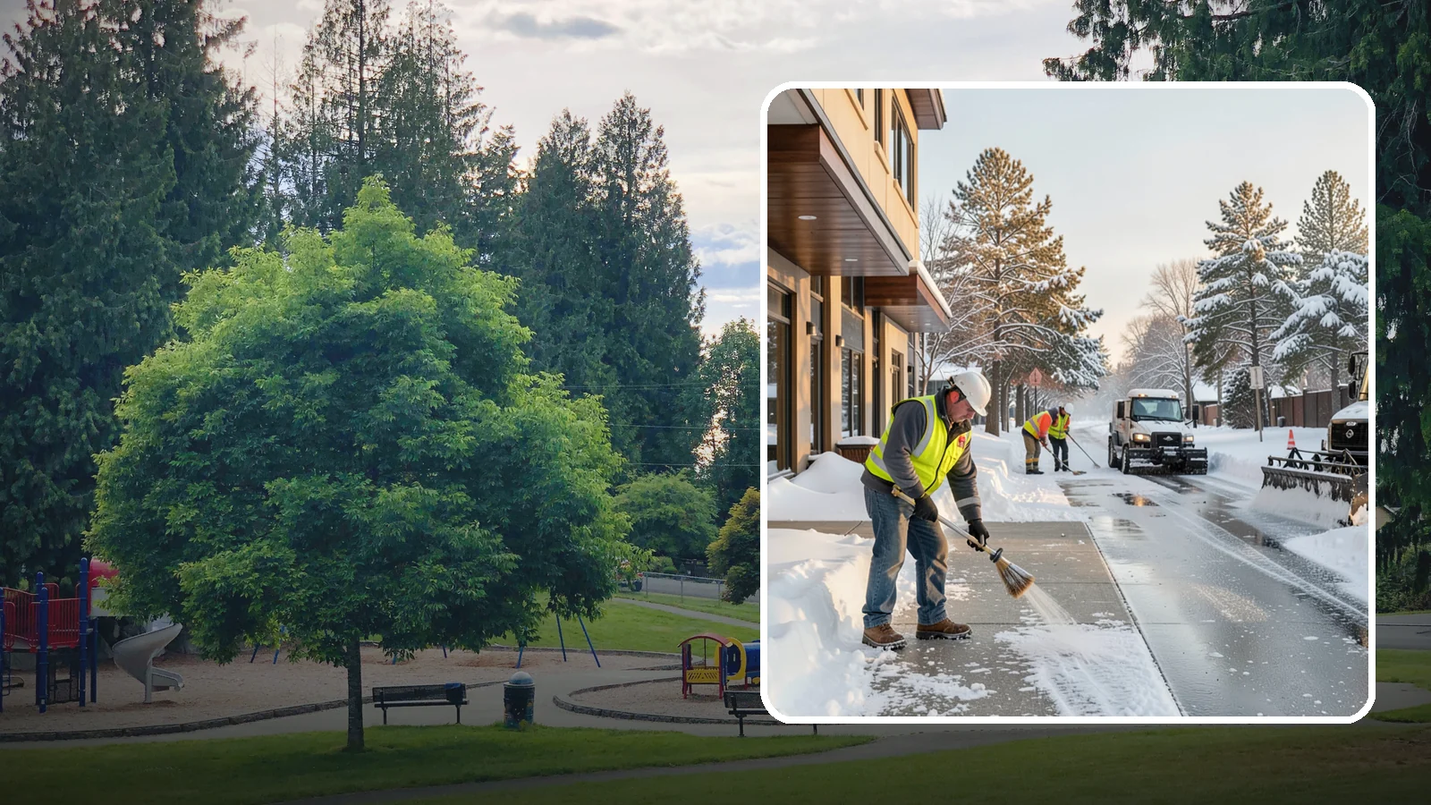 Office Building Sidewalk Clearing in Bonney Lake, Pierce County, WA - Pre-opening sidewalk clearing for Western Washington office buildings so employees and visitors reach the entrance safely before...