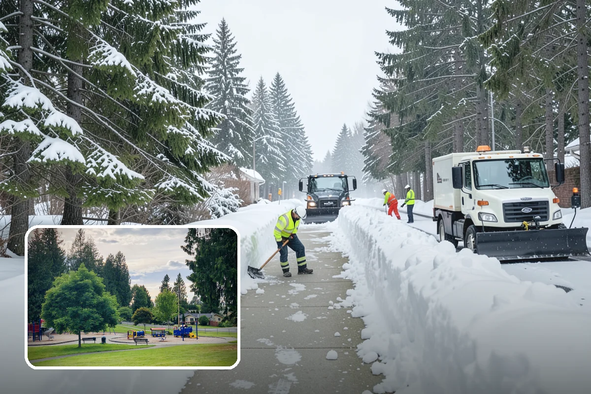 Office Building Sidewalk Clearing in Bonney Lake, Pierce County, WA - Clear, dry entrances greet employees and clients each morning
