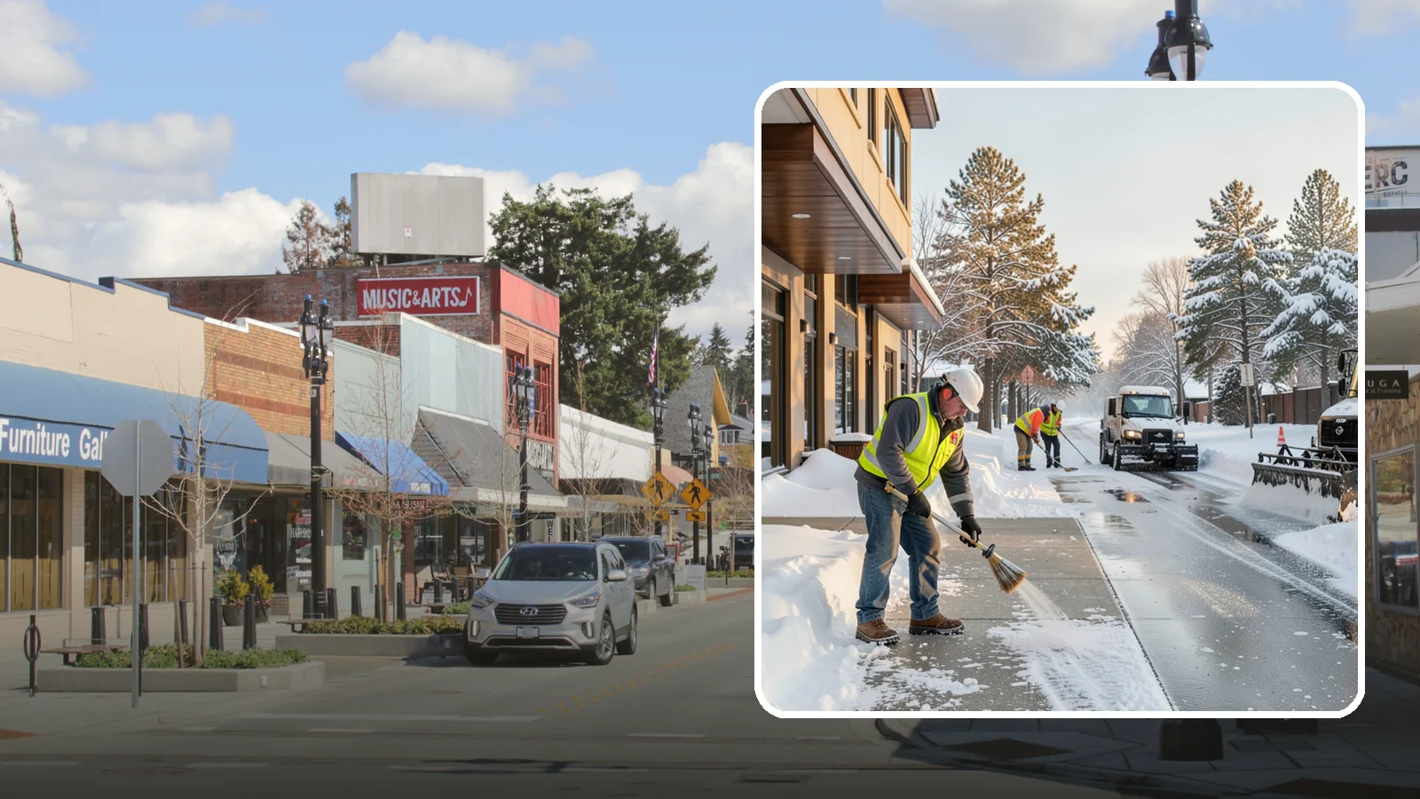Office Building Sidewalk Clearing in Bothell, King County, WA - Pre-opening sidewalk clearing for Western Washington office buildings so employees and visitors reach the entrance safely before...