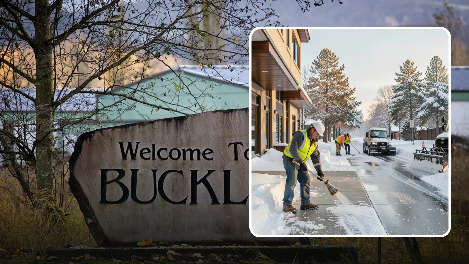 Office Building Sidewalk Clearing in Buckley, Pierce County, WA - Pre-opening sidewalk clearing for Western Washington office buildings so employees and visitors reach the entrance safely before...
